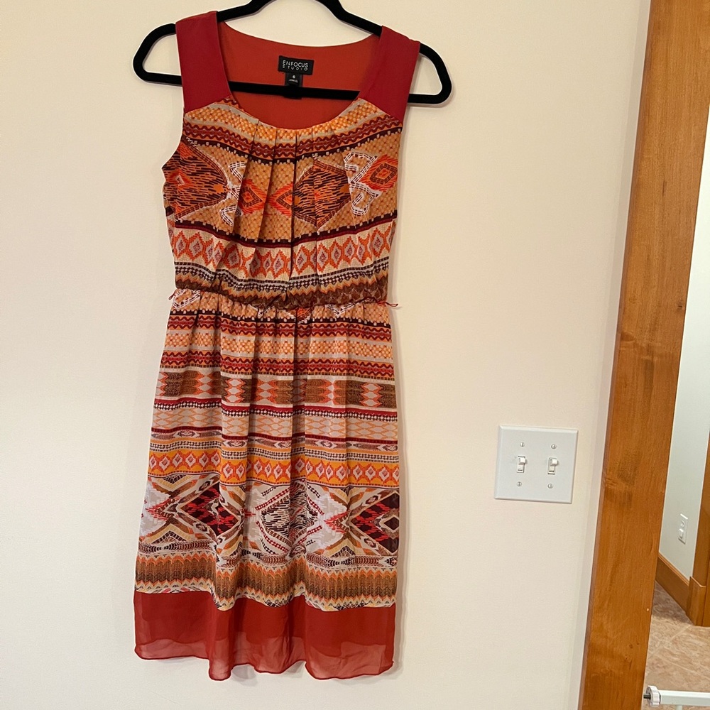 Enfocus Studio Red and Orange Patterned Midi Dress
